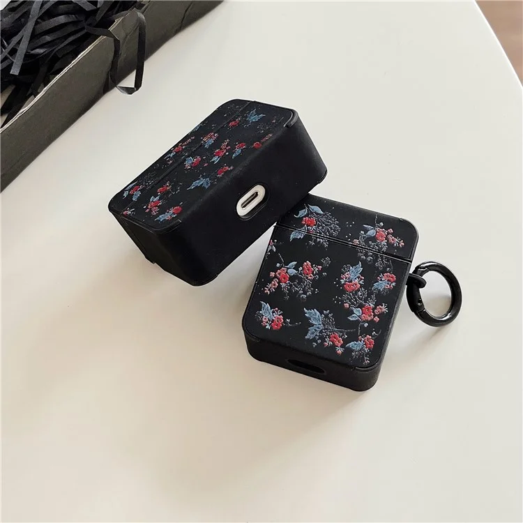 For Apple AirPods Pro / Pro 2 Flower Pattern Earphone Case Leather+TPU Earbud Cover with Ring Buckle