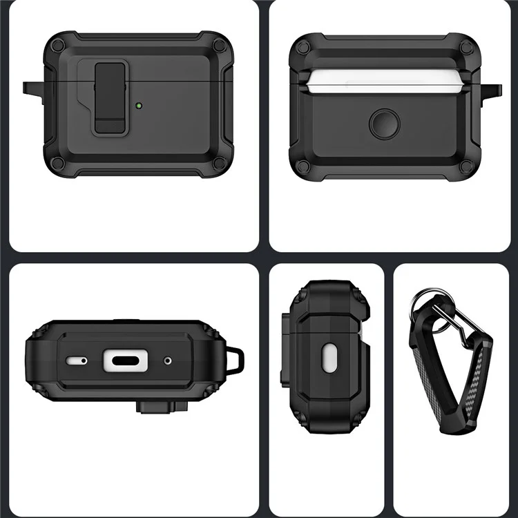 For AirPods Pro 2 Shockproof TPU+PC Case Bluetooth-compatible Earbuds Charging Case Cover with Buckle - Black