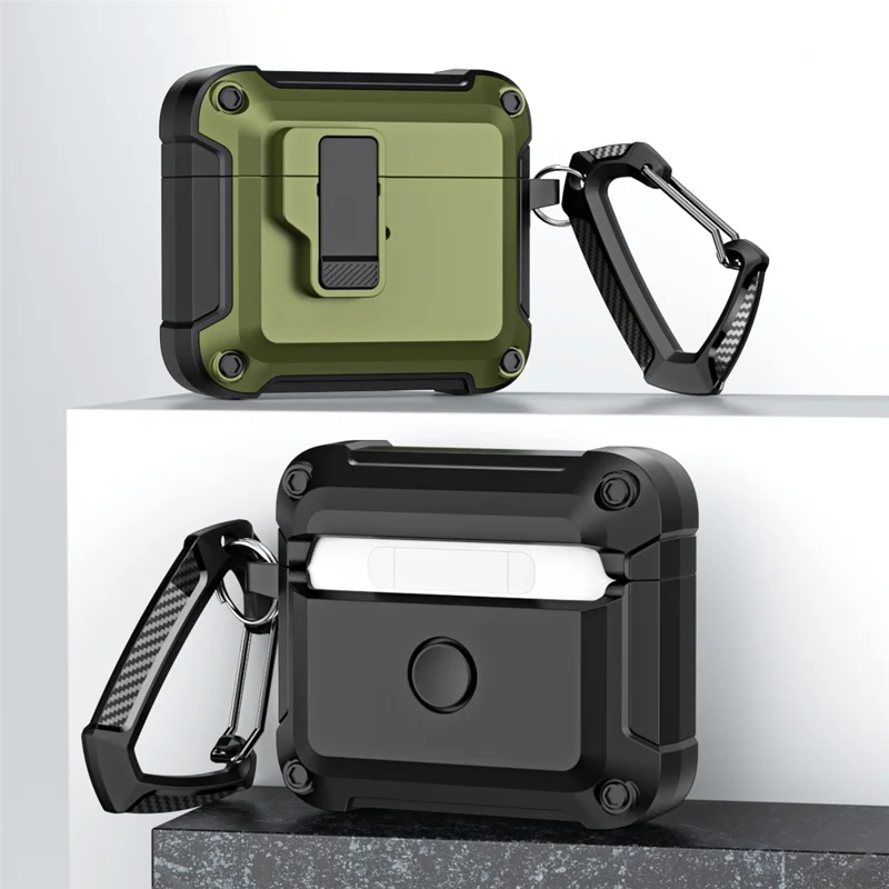 Anti-Drop TPU+PC Case for Apple AirPods 3 Bluetooth-compatible Headset Charging Case Cover with Buckle - Blackish Green