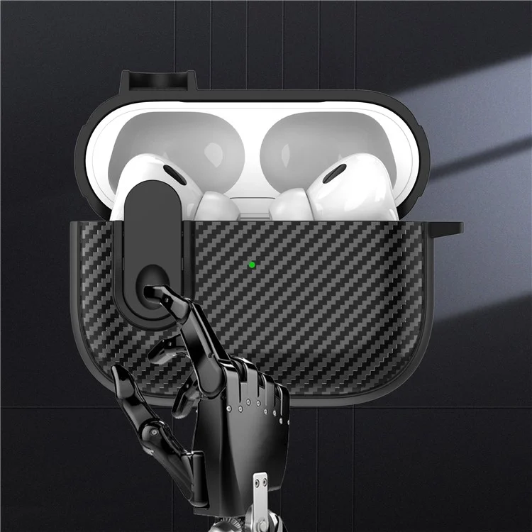 For Apple AirPods Pro Wireless Earbuds Case Carbon Fiber TPU+PC Colorful Buckle Cover with Keychain - Black+Light Green