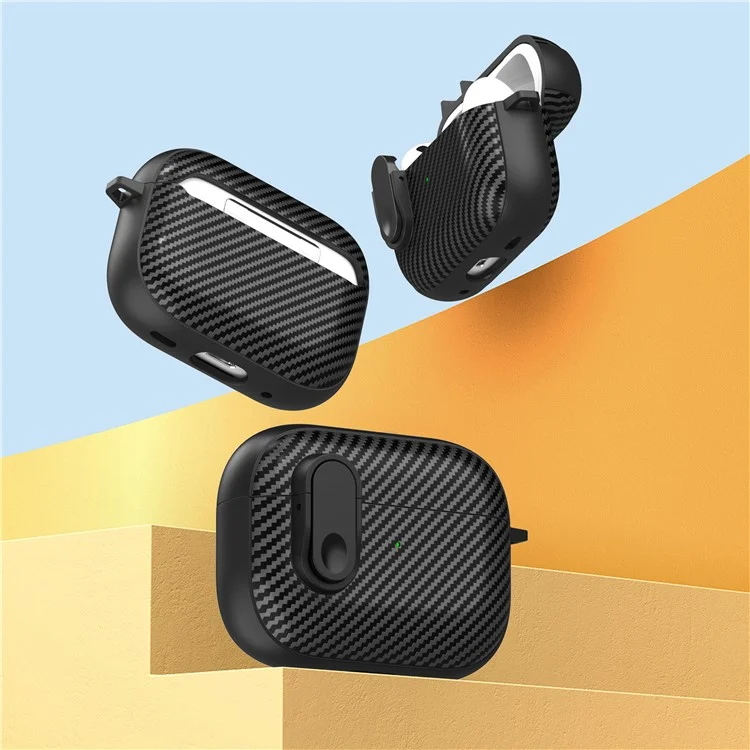For Apple AirPods Pro Wireless Earbuds Case Carbon Fiber TPU+PC Colorful Buckle Cover with Keychain - Black+Light Green