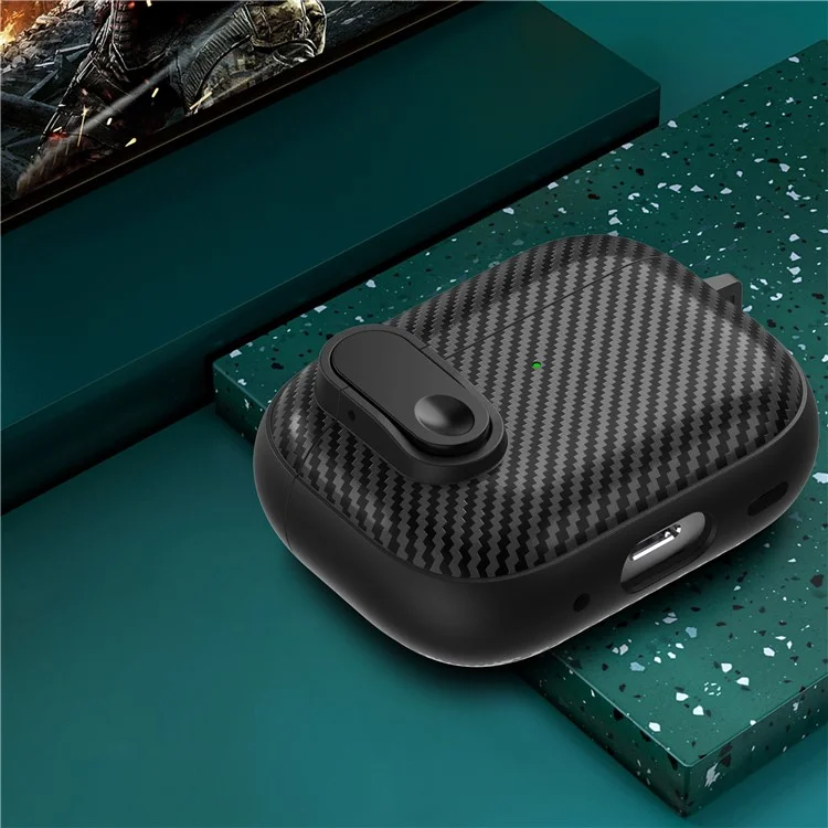 For Apple AirPods Pro Wireless Earbuds Case Carbon Fiber TPU+PC Colorful Buckle Cover with Keychain - Black+Light Green