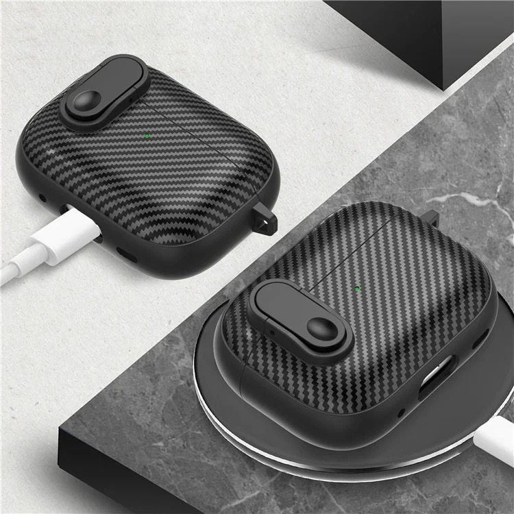 For Apple AirPods Pro Wireless Earbuds Case Carbon Fiber TPU+PC Colorful Buckle Cover with Keychain - Black+Light Green