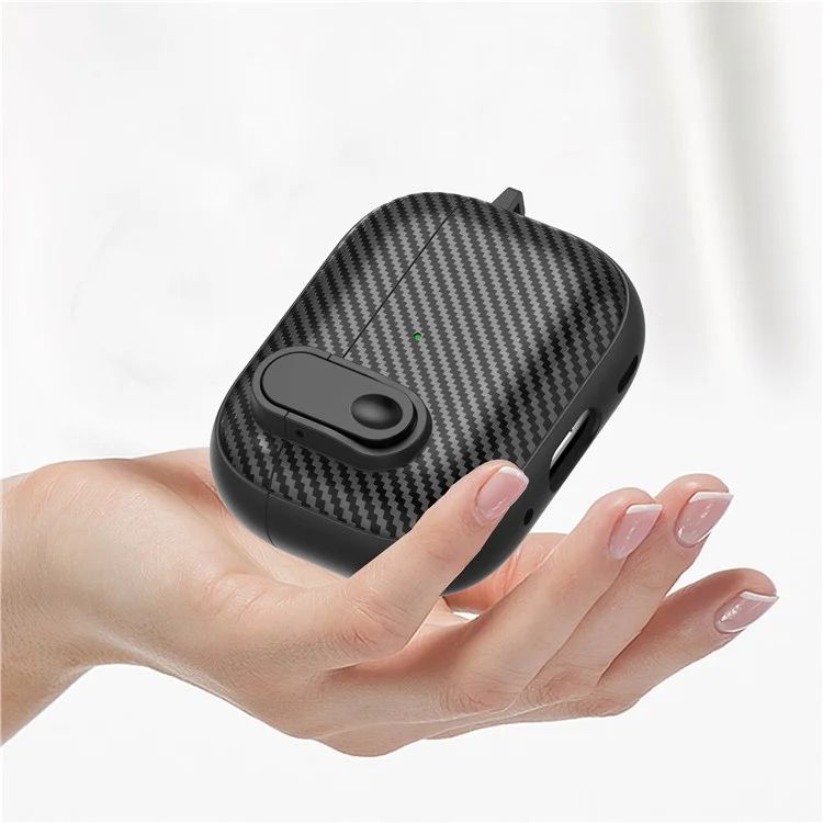 For Apple AirPods Pro Wireless Earbuds Case Carbon Fiber TPU+PC Colorful Buckle Cover with Keychain - Black+Light Green