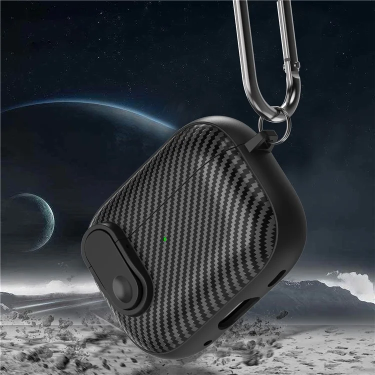 For Apple AirPods Pro Wireless Earbuds Case Carbon Fiber TPU+PC Colorful Buckle Cover with Keychain - Black+Light Green