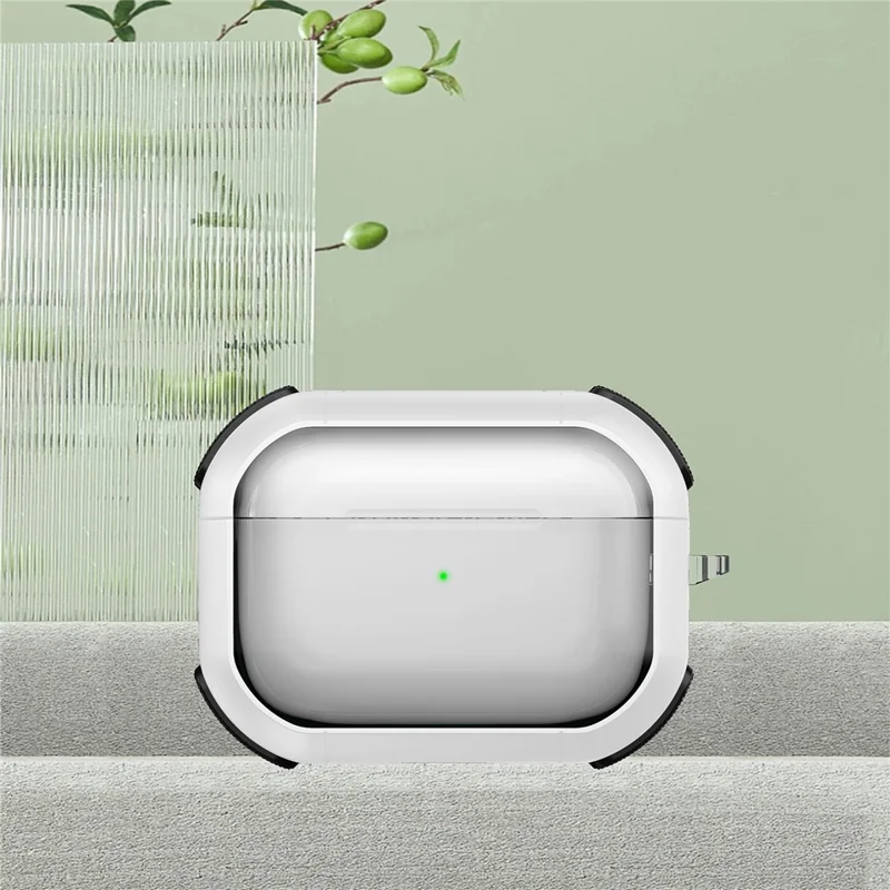 For Apple AirPods Pro Bluetooth-compatible Earphone Case Transparent PC+TPU Earbud Cover with Carabiner - White