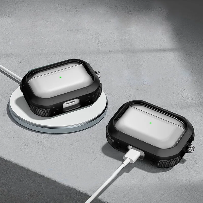 For Apple AirPods Pro Bluetooth-compatible Earphone Case Transparent PC+TPU Earbud Cover with Carabiner - White