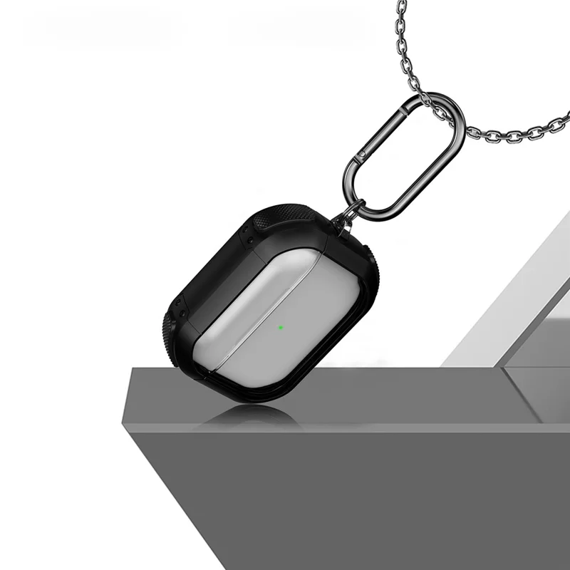 For Apple AirPods Pro Bluetooth-compatible Earphone Case Transparent PC+TPU Earbud Cover with Carabiner - White