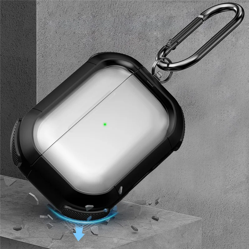 For Apple AirPods Pro Bluetooth-compatible Earphone Case Transparent PC+TPU Earbud Cover with Carabiner - White