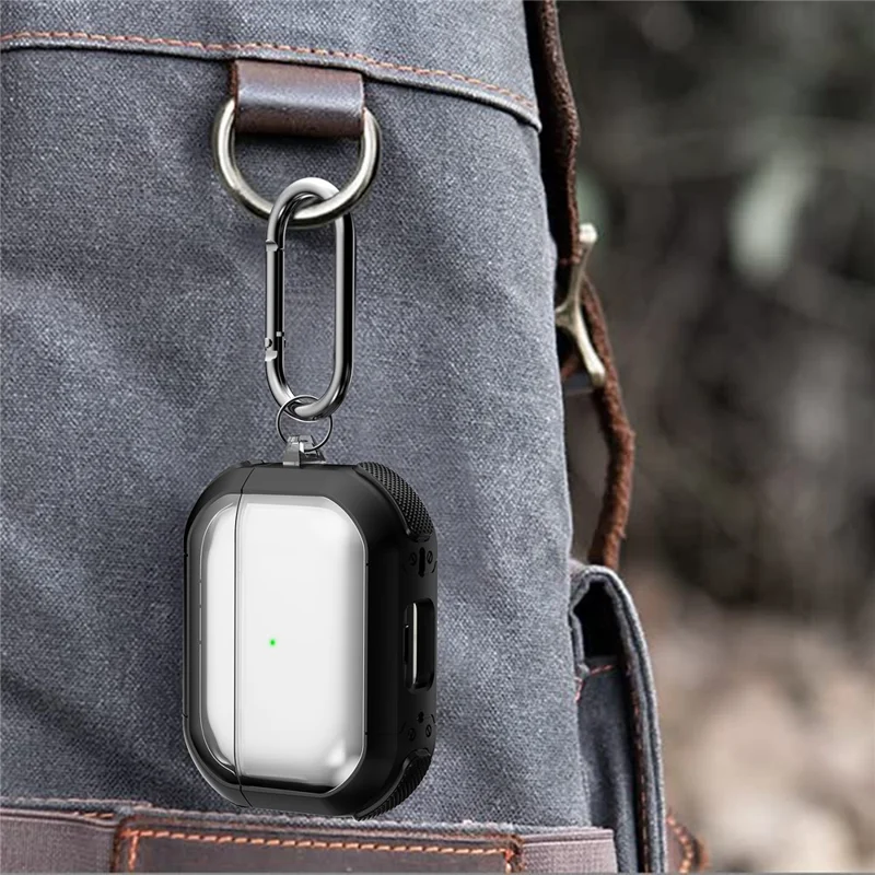 For Apple AirPods Pro Bluetooth-compatible Earphone Case Transparent PC+TPU Earbud Cover with Carabiner - White