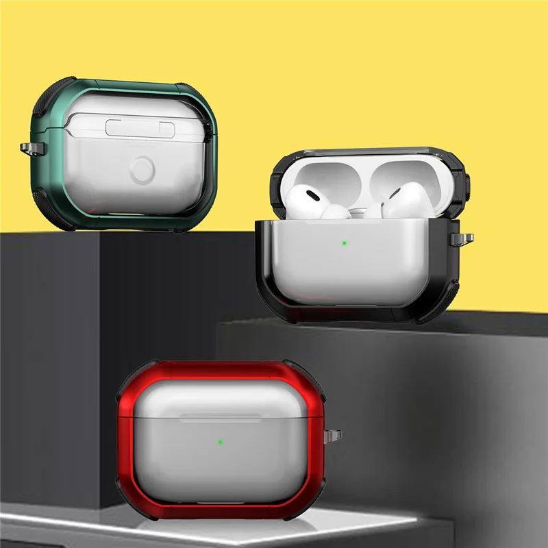 For Apple AirPods Pro 2 PC+TPU Earphone Case Bluetooth-compatible Earbud Transparent Anti-drop Cover with Carabiner - Red