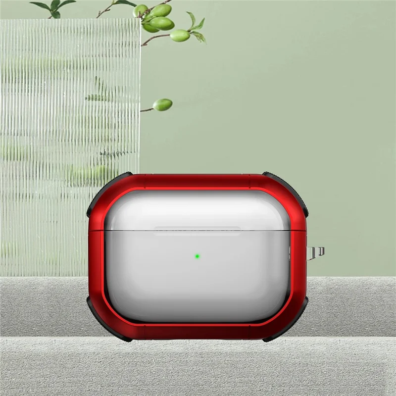 For Apple AirPods Pro 2 PC+TPU Earphone Case Bluetooth-compatible Earbud Transparent Anti-drop Cover with Carabiner - Red
