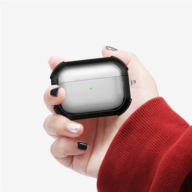 For Apple AirPods Pro 2 PC+TPU Earphone Case Bluetooth-compatible Earbud Transparent Anti-drop Cover with Carabiner - Red