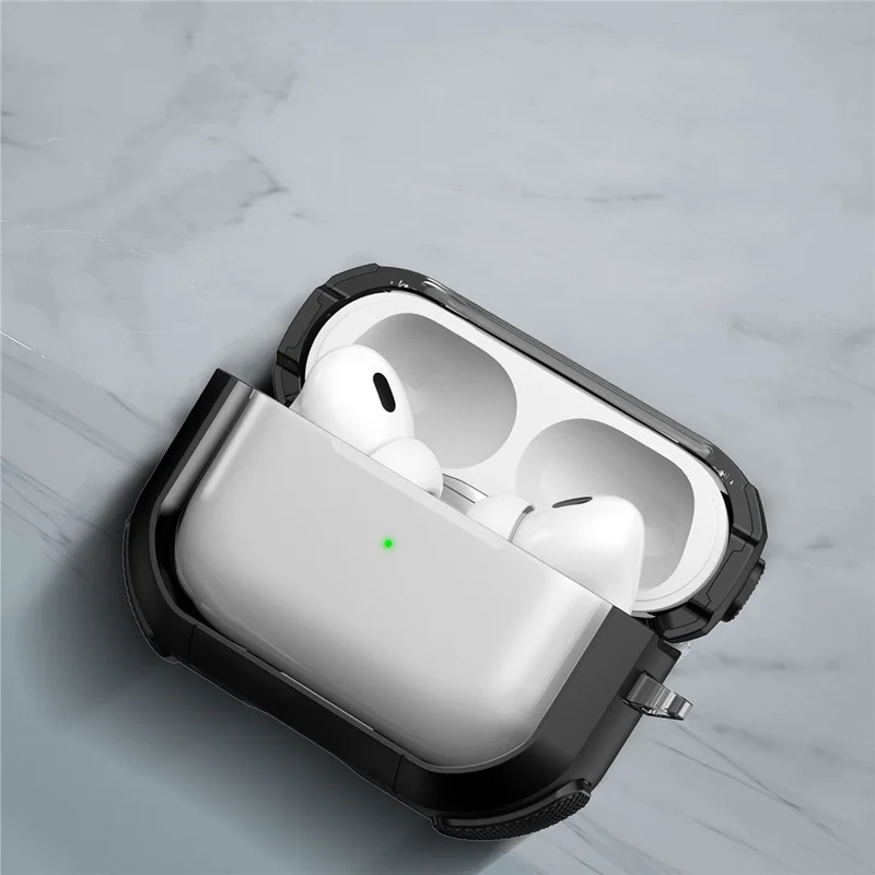 For Apple AirPods Pro 2 PC+TPU Earphone Case Bluetooth-compatible Earbud Transparent Anti-drop Cover with Carabiner - Red