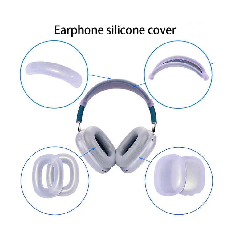 For AirPods Max Headphone Silicone Earmuff Shell Earpad Cover Headband Cover Crossbeam Cover Set - Transparent