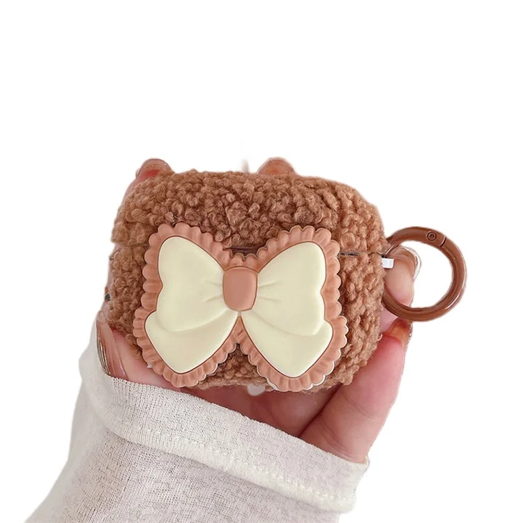 Pour Apple AirPods Pro 2 Étui en peluche décoré d'un nœud papillon, avec revêtement moelleux et boucle anneau