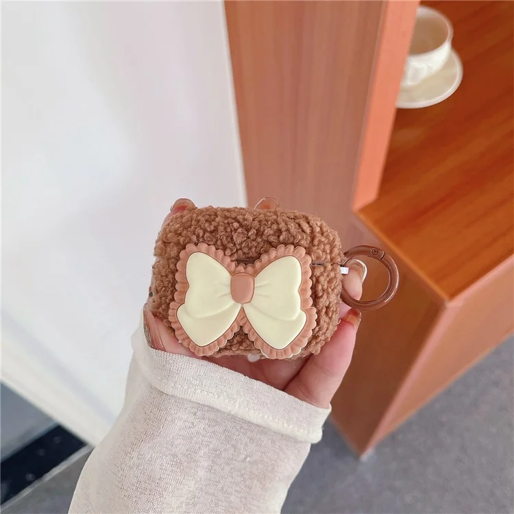 Pour Apple AirPods Pro 2 Étui en peluche décoré d'un nœud papillon, avec revêtement moelleux et boucle anneau