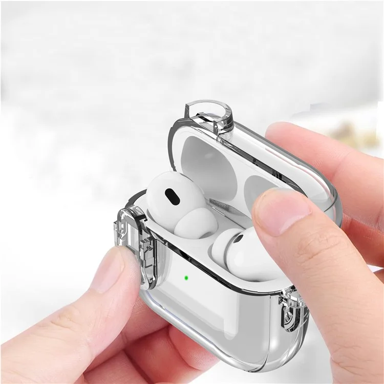 Per AirPods Pro 2 Clear Earphone Case PC + TPU Bluetooth Earbud Cover con fibbia da appendere - Trasparente