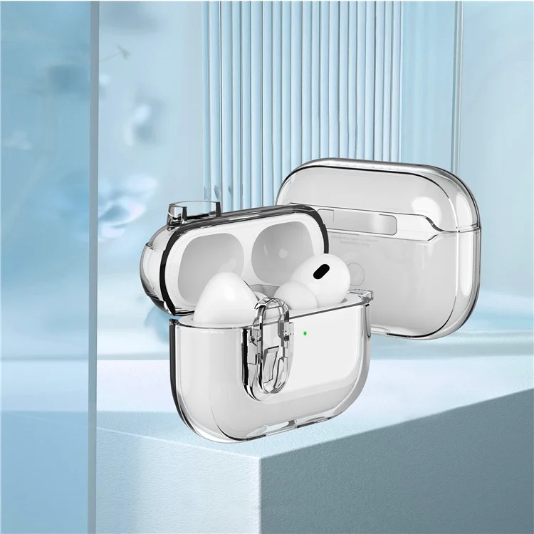 Per AirPods Pro 2 Clear Earphone Case PC + TPU Bluetooth Earbud Cover con fibbia da appendere - Trasparente