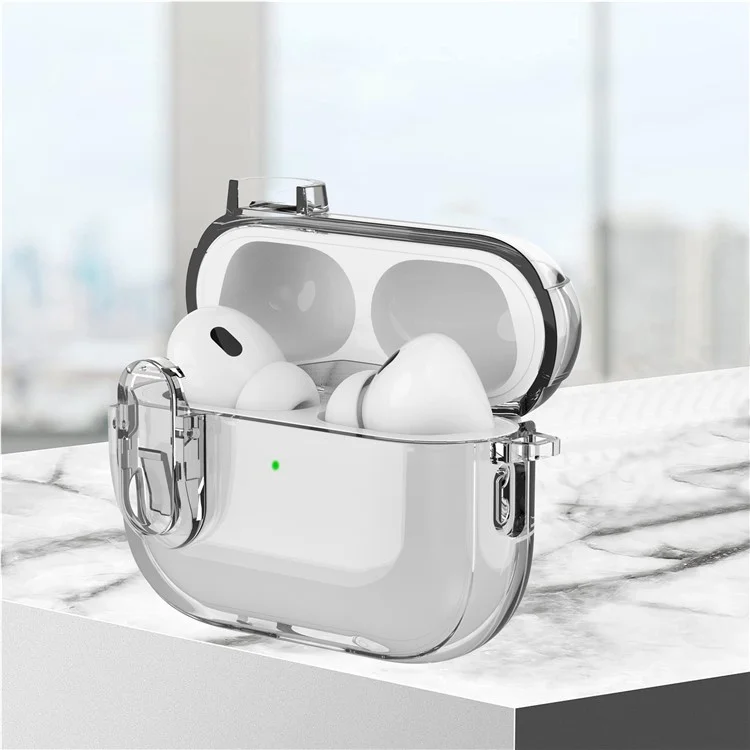 Per AirPods Pro 2 Clear Earphone Case PC + TPU Bluetooth Earbud Cover con fibbia da appendere - Trasparente