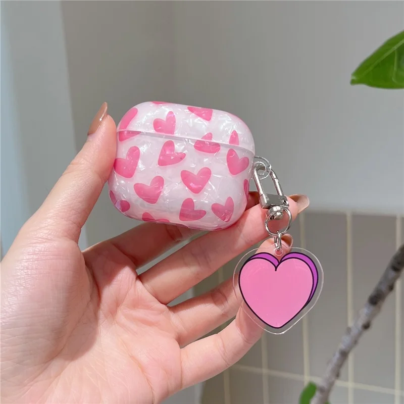 For Apple AirPods 3 Charging Case Cover with Buckle, Heart Decor Bluetooth-compatible Headset Soft TPU Case