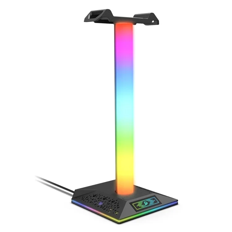 PIWIJOY EB05 RGB Gaming Headset Stand with 2 USB Ports, Headphone Holder with 10 Light Modes for Gamers PC Earphone Accessories - Black