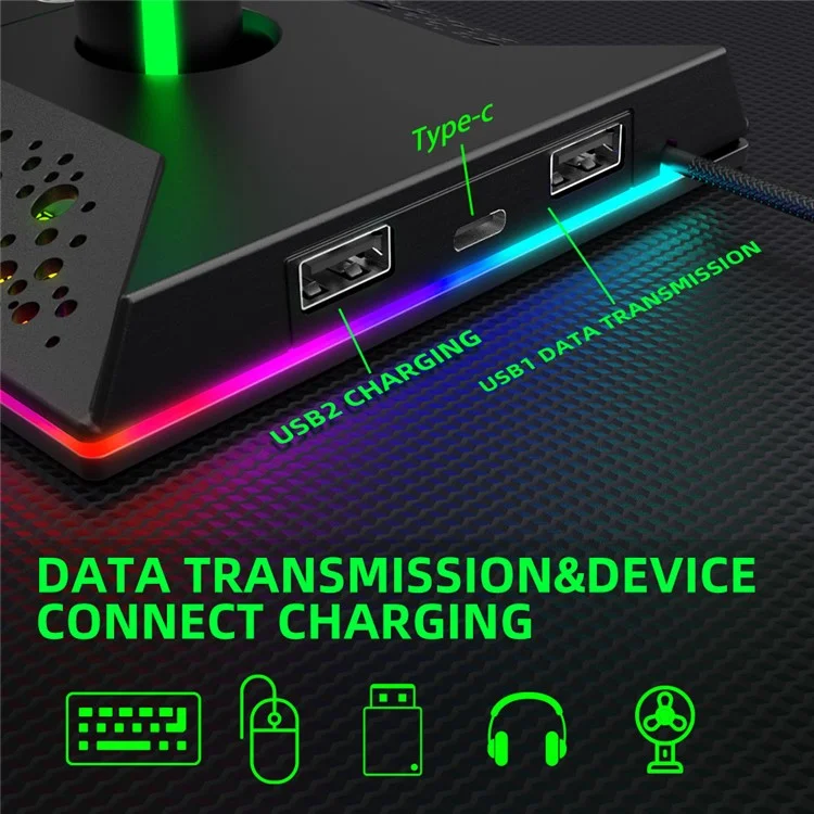 PIWIJOY EB05 RGB геймерская стойка для наушников с 2 портами USB, держатель для наушников с 10 режимами освещения для геймеров ПК аксессуары для наушников - черный