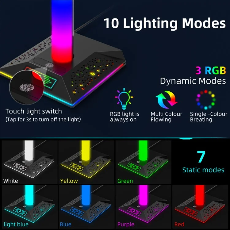 PIWIJOY EB05 RGB геймерская стойка для наушников с 2 портами USB, держатель для наушников с 10 режимами освещения для геймеров ПК аксессуары для наушников - черный