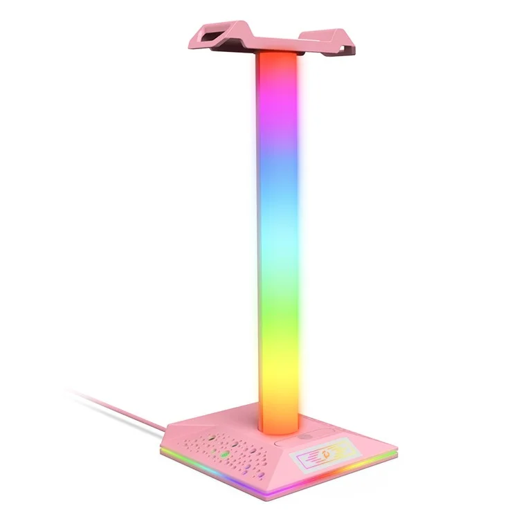 PIWIJOY EB05 RGB Gaming Headset Stand with 2 USB Ports, Headphone Holder with 10 Light Modes for Gamers PC Earphone Accessories - Pink
