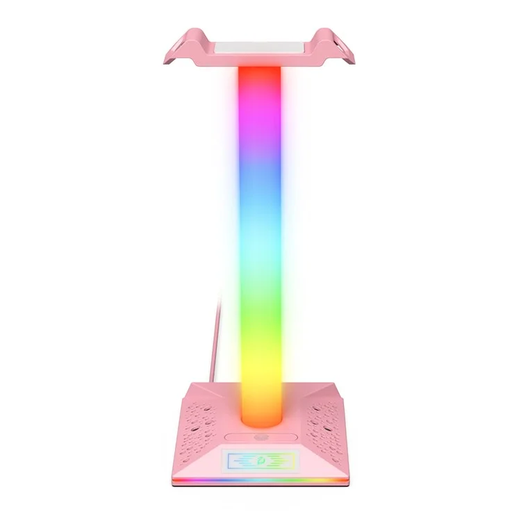 PIWIJOY EB05 RGB Gaming Headset Stand with 2 USB Ports, Headphone Holder with 10 Light Modes for Gamers PC Earphone Accessories - Pink