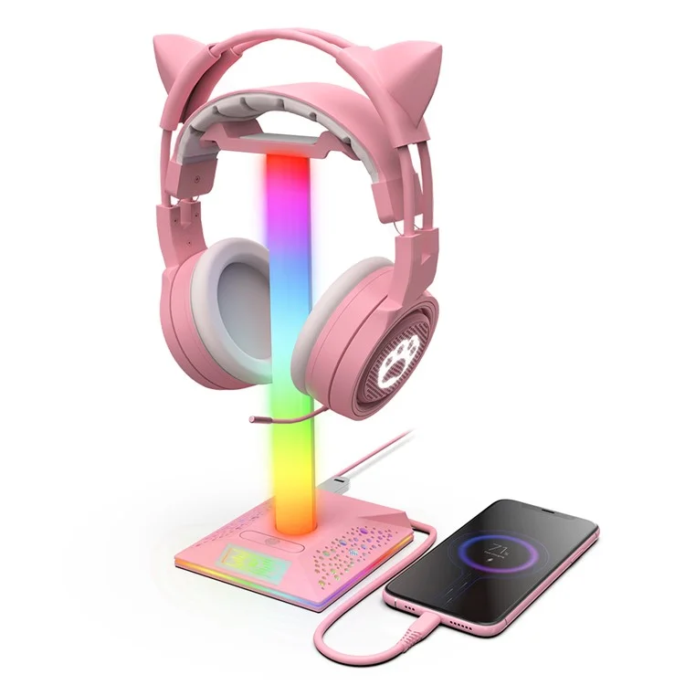 PIWIJOY EB05 RGB Gaming Headset Stand with 2 USB Ports, Headphone Holder with 10 Light Modes for Gamers PC Earphone Accessories - Pink
