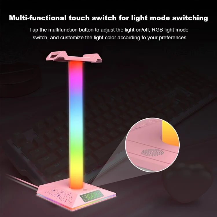 PIWIJOY EB05 RGB Gaming Headset Stand with 2 USB Ports, Headphone Holder with 10 Light Modes for Gamers PC Earphone Accessories - Pink