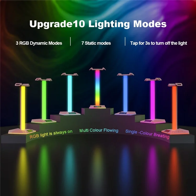 PIWIJOY EB05 RGB Gaming Headset Stand with 2 USB Ports, Headphone Holder with 10 Light Modes for Gamers PC Earphone Accessories - Pink