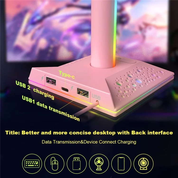 PIWIJOY EB05 RGB Gaming Headset Stand with 2 USB Ports, Headphone Holder with 10 Light Modes for Gamers PC Earphone Accessories - Pink