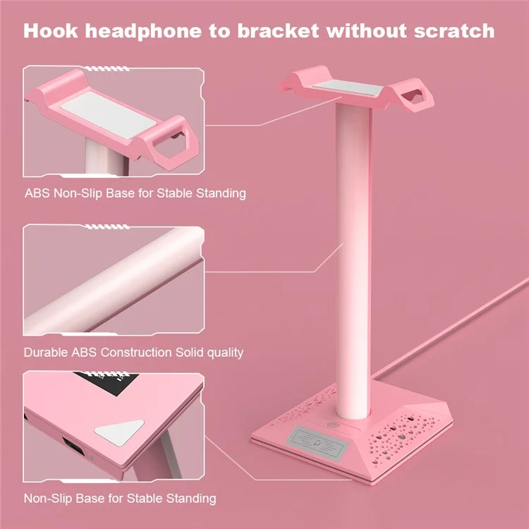 PIWIJOY EB05 RGB Gaming Headset Stand with 2 USB Ports, Headphone Holder with 10 Light Modes for Gamers PC Earphone Accessories - Pink