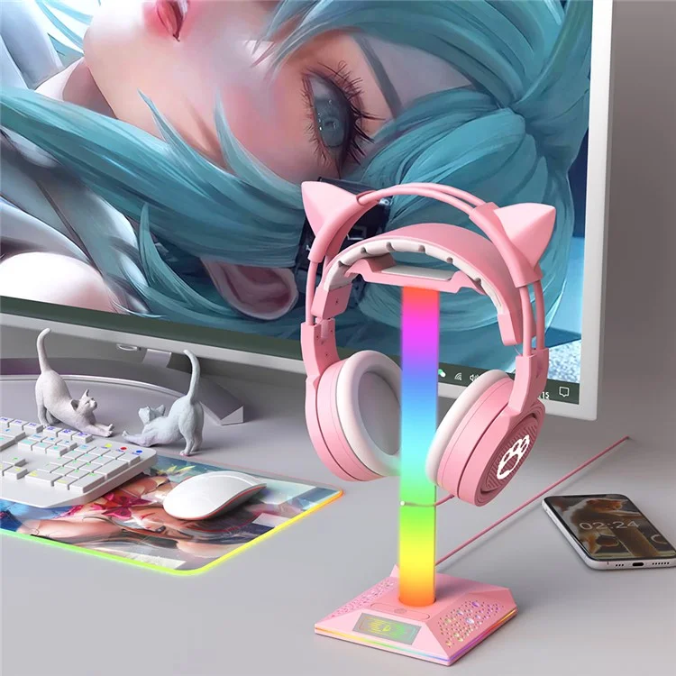 PIWIJOY EB05 RGB Gaming Headset Stand with 2 USB Ports, Headphone Holder with 10 Light Modes for Gamers PC Earphone Accessories - Pink