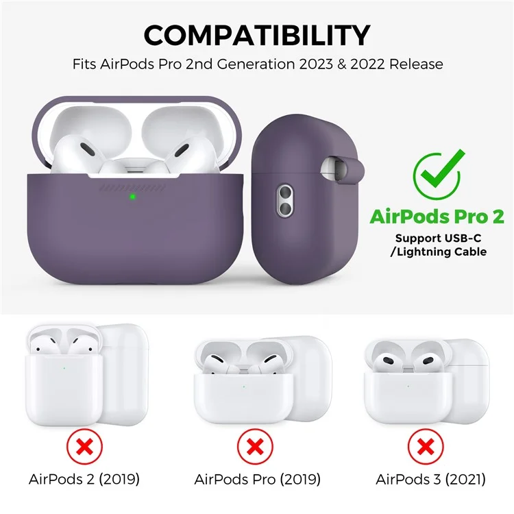 AHASTYLE PT187-2-C Silicone Case for AirPods Pro 2  /  Pro (Gen 2) (USB-C) Earphone Cover with Strap - Dark Purple