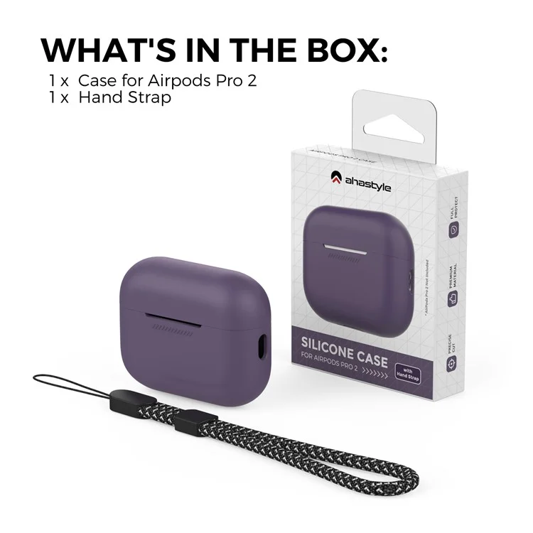 AHASTYLE PT187-2-C Silicone Case for AirPods Pro 2  /  Pro (Gen 2) (USB-C) Earphone Cover with Strap - Dark Purple