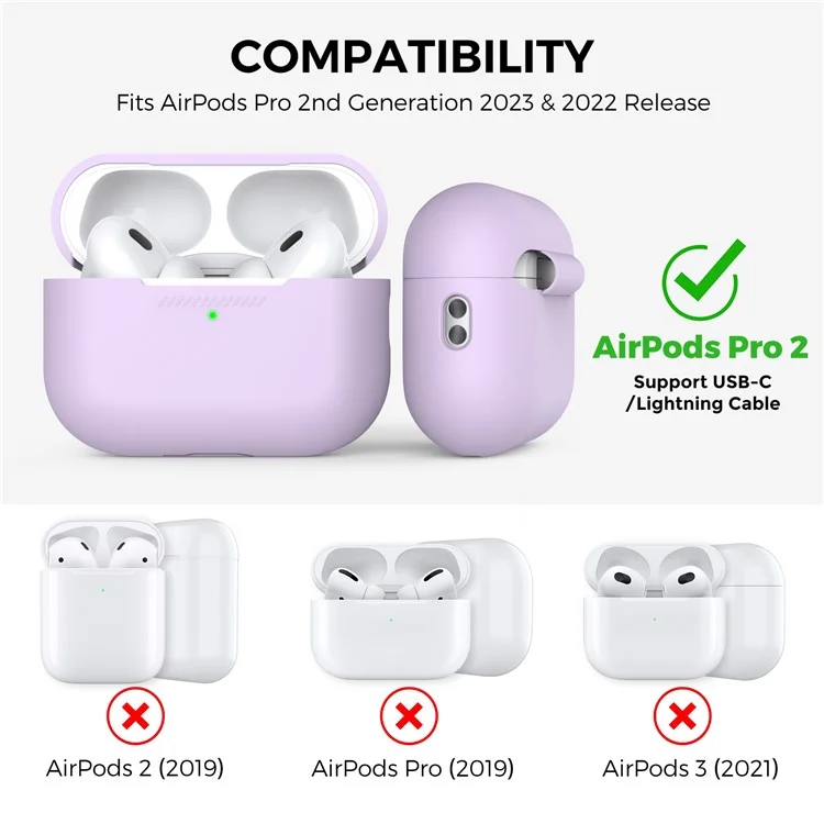 AHASTYLE PT187-2-C Silicone Case for AirPods Pro 2  /  Pro (Gen 2) (USB-C) Earphone Cover with Strap - Light Purple