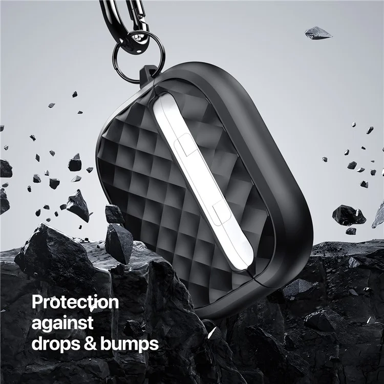 DUX DUCIS PECC Series For Apple AirPods 3 Earbud Carrying Case Rhombus Pattern Protective Cover with Carabiner - Black