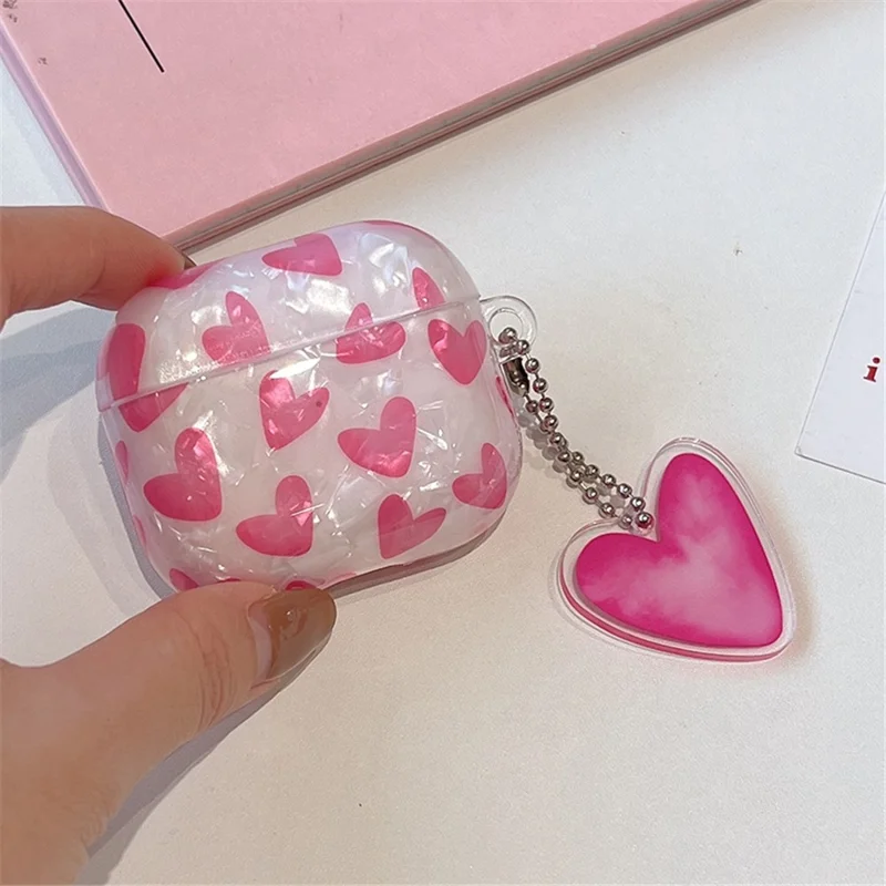 For Apple AirPods Pro Heart Pattern Shell Texture TPU Cover Anti-drop Earphone Case with Pendant - Rose