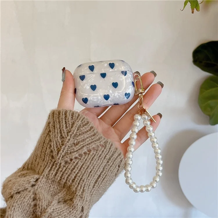 Pour Apple AirPods Pro Boîtier de protection à motif cœur bleu Étui anti-chute Bluetooth Écouteurs TPU avec bracelet