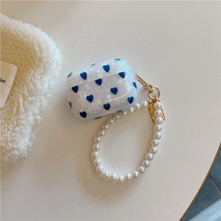 For Apple AirPods 3 Protective Cover Blue Heart Pattern Shell Texture Earphone TPU Case with Bracelet