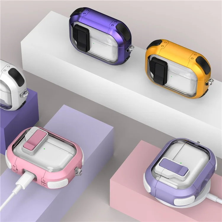 Para AirPods Pro 2 Estuche para auriculares Funda protectora de TPU+PC transparente y clara para auriculares con hebilla - Púrpura claro transparente