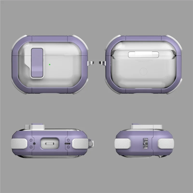 For AirPods Pro 2 Earphone Case TPU+PC Rugged Clear Earbuds Cover with Buckle - Transparent Army Green