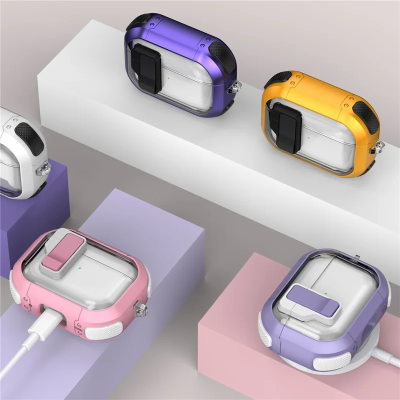 For AirPods Pro 2 Earphone Case TPU+PC Rugged Clear Earbuds Cover with Buckle - Transparent White