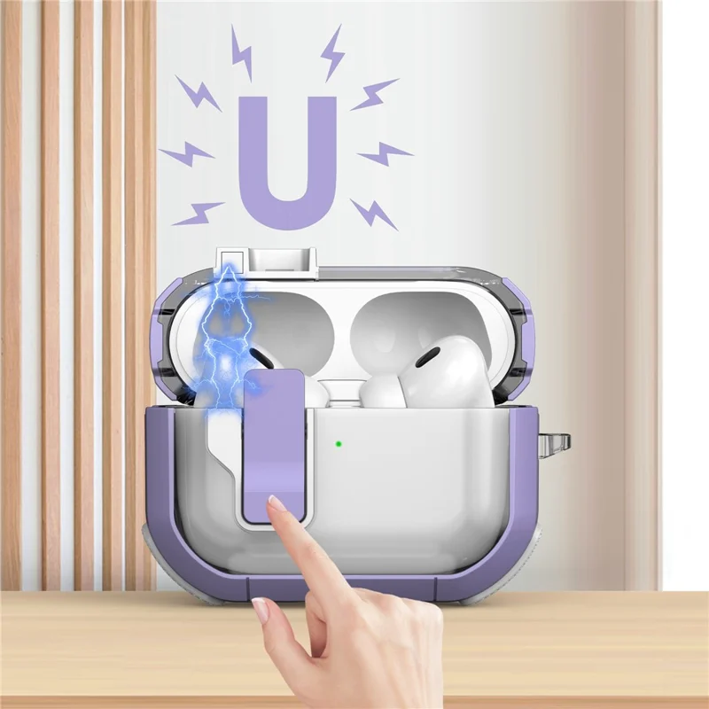 For AirPods Pro Clear Earphone Case with Buckle TPU+PC Bluetooth-compatible Earbuds Cover - Transparent Dark Purple