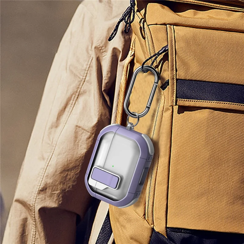 For AirPods Pro Clear Earphone Case with Buckle TPU+PC Bluetooth-compatible Earbuds Cover - Transparent Dark Purple