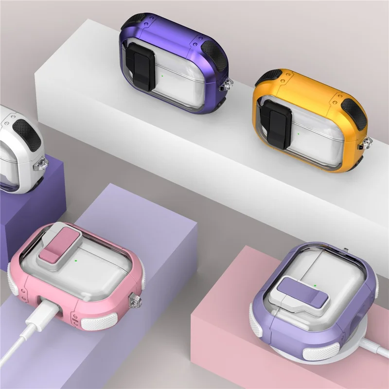 For AirPods Pro Clear Earphone Case with Buckle TPU+PC Bluetooth-compatible Earbuds Cover - Transparent Dark Purple