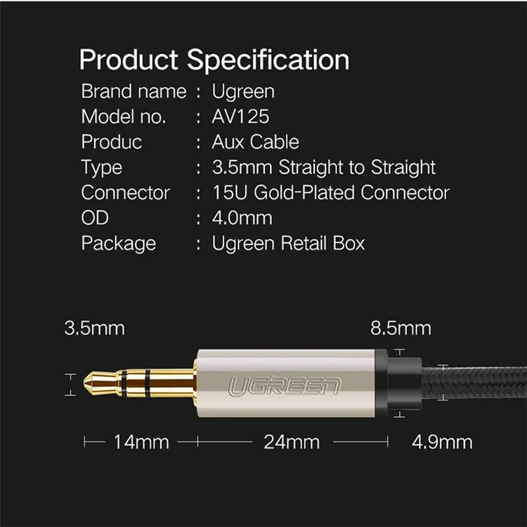 UGREEN 40781 Кабель-удлинитель для наушников, 3,5 мм, M/M, 2 м, аудио-кабель для автомобиля